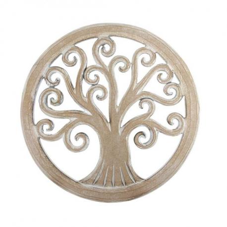 Décor mural ø30cm Arbre de vie  - Bois sculpté blanc cérusé