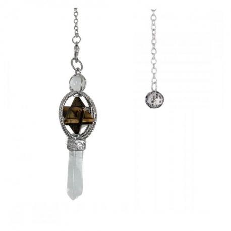 Pendule Merkaba en Oeil de Tigre et pointe en Cristal de roche