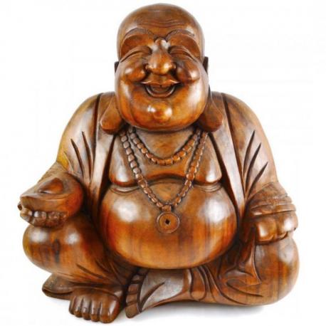 Grande Statue Bouddha Rieur 60cm - Bois Sculpté Taille XXL