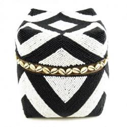 Grande boîte à offrandes de Bali en bambou, coquillages et  perles noires et blanches 28cm