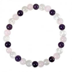 Bracelet Multipierres Améthyste / Quartz Rose / Cristal de Roche - boules 6mm