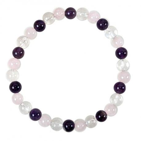 Bracelet Multipierres Améthyste / Quartz Rose / Cristal de Roche grade A - boules 6mm Bracelet Multipierres Améthyste / Quartz Rose / Cristal de Roche grade A - boules 6mm