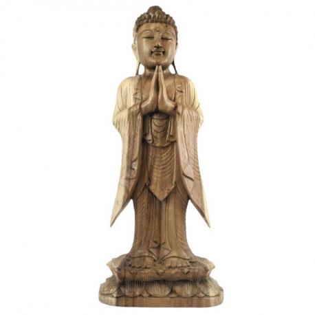 Grande statue de Bouddha Debout 60cm - Bois massif Brut sculpté Main Mudra Anjali