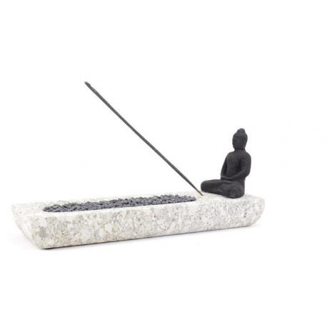 Porte-encens de luxe Bouddha en pierre de Java grise et noire