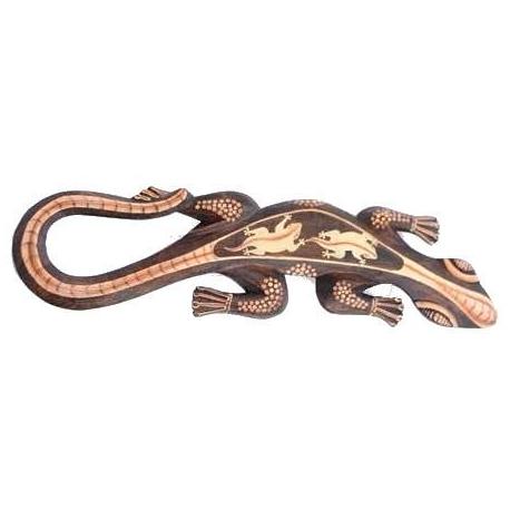 Gecko 50cm en Bois - Motif Double Lézard Peint à la Main bois