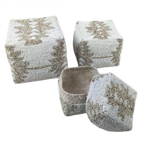 Set de 3 Boîtes à offrandes de Bali en Bambou & Perles. Coloris Beige et Blanc