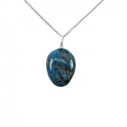Collier Apatite bleue AAA - pendentif pierre roulée + chaîne argentée