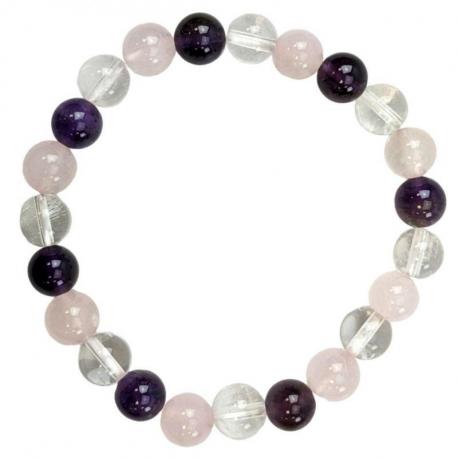 Bracelet Triangle d'Or Améthyste / Quartz Rose / Cristal de Roche grade A - boules 8mm Bracelet Triangle d'Or Améthyste / Quartz Rose / Cristal de Roche grade A - boules 8mm