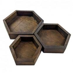 Set de 3 plateaux de présentation pour bijoux - Présentoirs hexagonaux gigognes en bois marron