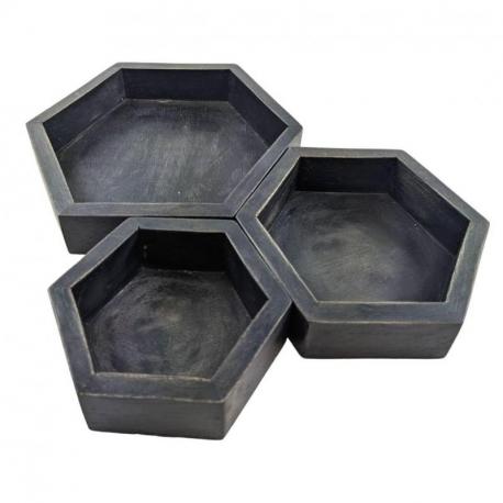 Set de 3 plateaux de présentation pour bijoux - Présentoirs hexagonaux gigognes en bois finition "noir vintage"