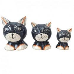 3 Chats en Bois coloris Gris Foncé - Sculptés et Peints à la Main