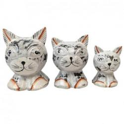 3 Chats en Bois coloris Blanc Cérusé - Sculptés et Peints à la Main