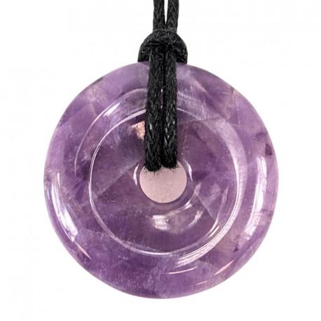 Donut ou Pi Chinois en Améthyste 30mm + cordon - Pendentif ou bracelet