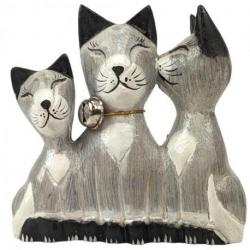 Famille de Chats Gris - Statuettes en Bois Sculpté et Peint à la Main