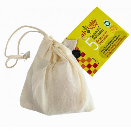 Kit de 5 filtres sachets infuseurs réutilisables en coton 100% Biologique