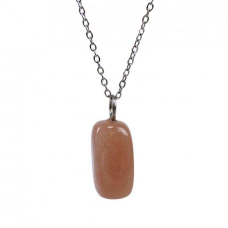 Collier Pierre de lune rose AAA - pendentif pierre roulée + chaîne argentée