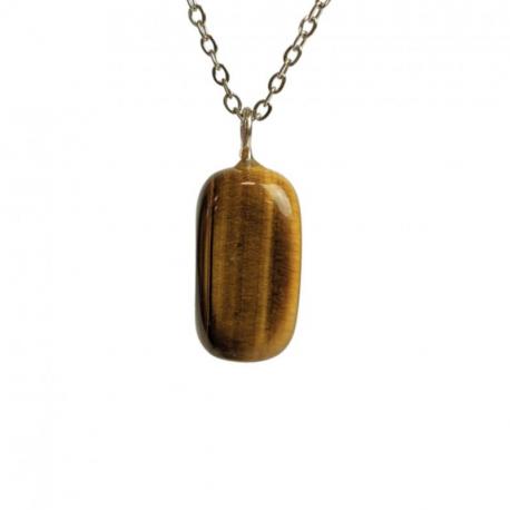 Collier œil du tigre AAA - pendentif pierre roulée + chaîne acier