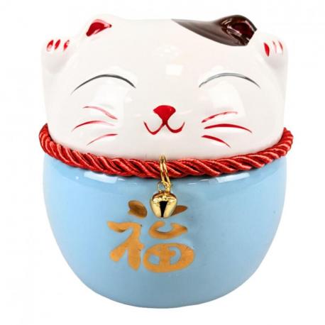 Tirelire Chat Maneki Neko en Porcelaine - Bleu et Blanc