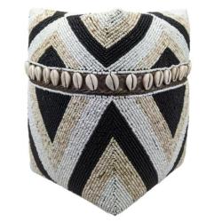 Boîte à offrandes tricolore en bambou, perles et coquillages cauris - Taille M