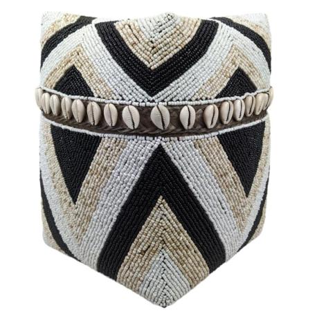 Boîte à offrandes tricolore en bambou, perles et coquillages cauris - Taille M