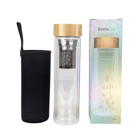 Gourde en Verre avec Couvercle en Bambou - 500 ml | Double Paroi et Filtres à Infusion