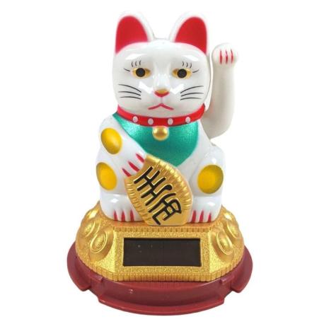 Maneki Neko Blanc / Chat japonais à énergie solaire 8cm