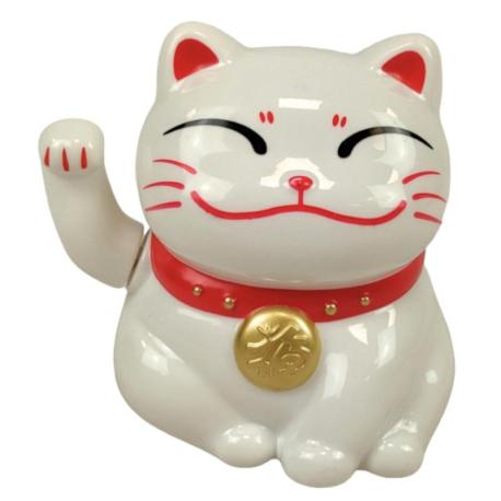 Maneki Neko Blanc à Énergie Solaire Chat Porte-Bonheur Japonais 7,8cm