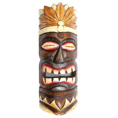 Masque Tiki 30cm en bois motif plumes. Déco tribale polynésienne.