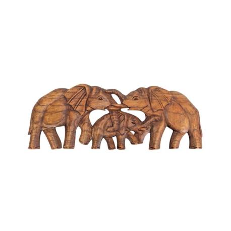 La Famille d'Éléphants | Décor Mural 50cm en Bois de Suar sculpté Main