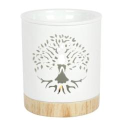 Brûle-parfum Arbre de Vie en Céramique Blanche et Bois