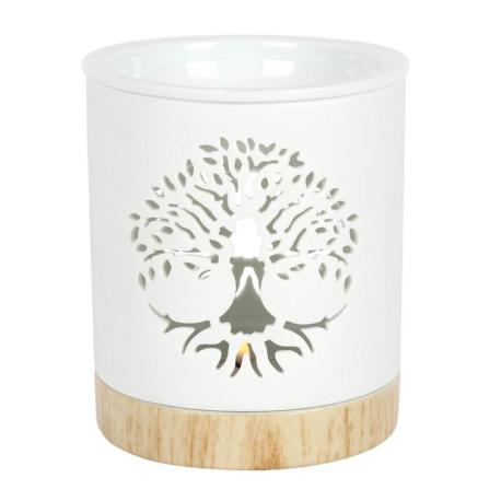 Brûle-parfum Arbre de Vie en Céramique Blanche et Bois