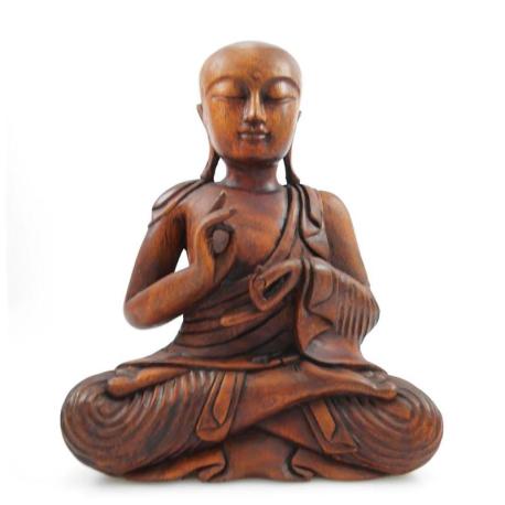 Statue Moine Bouddhiste Shaolin 30cm sculpture en bois sculpté main