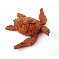 Statue Tortue et son bébé. Sculpture sur bois artisanale.
