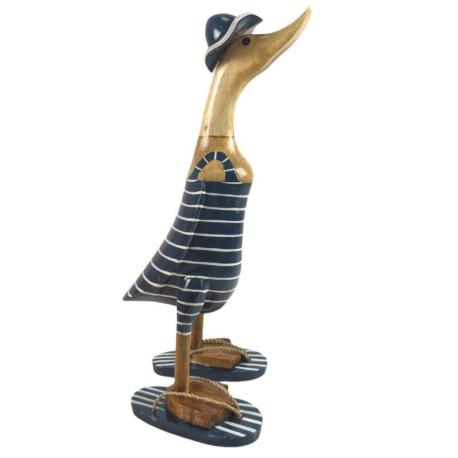 Canard décoratif en bois 35cm - Maillot de bain rayé Marine & Blanc