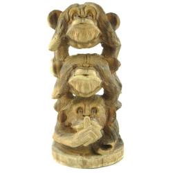 Les 3 singes de la sagesse 40cm. Statue en bois brut grand format