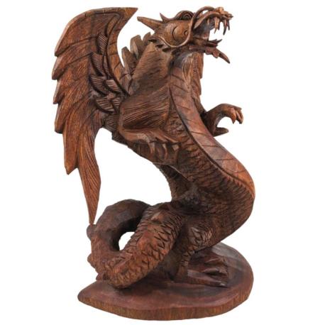Statue Dragon Ailé en bois sculpté main 30cm