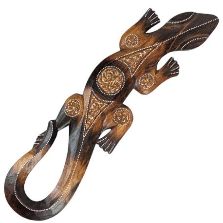 Gecko 50cm en Bois. Décoration Murale Exotique - Coloris Marron et Beige