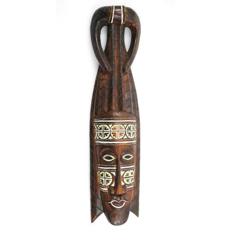 Masque Africain en bois 50cm motifs colorés. Déco murale ethnique.