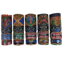 Lot de 5 masques tikis multicolores en bois sculpté et peint à la main 30cm