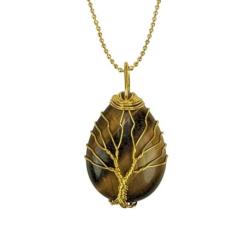 Collier doré + pendentif goutte Arbre de vie en Oeil de Tigre