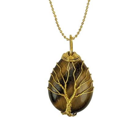 Collier doré + pendentif goutte Arbre de vie en Oeil de Tigre
