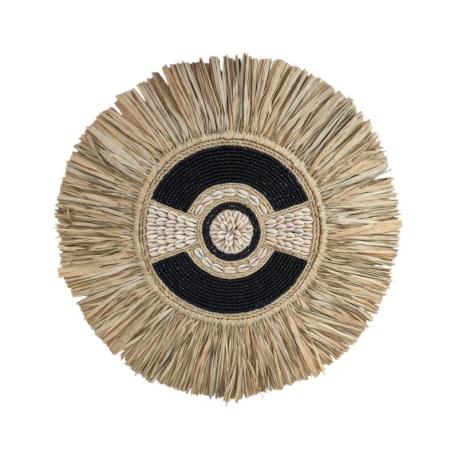 Décoration Murale en Raphia, Perles noires & Coquillages ⌀40cm