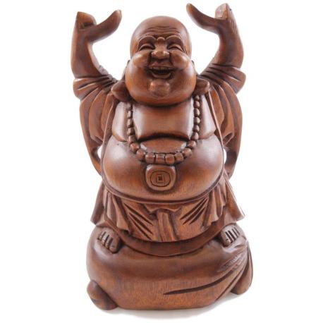Statue Bouddha Rieur 30cm en bois sculpté | Porte-Bonheur Chinois