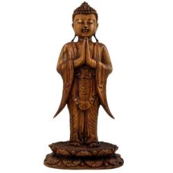 Statue de Bouddha Debout 40cm - Bois massif Teinté sculpté Main Mudra Anjali