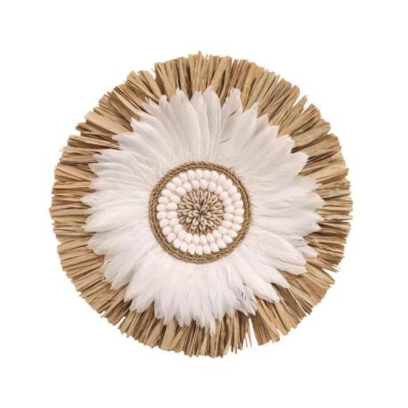Décoration murale Bohème en Raphia, Coquillages & Plumes ⌀40cm