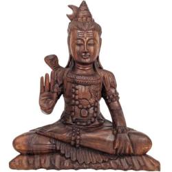 Statue de Shiva assis 30cm en bois massif sculpté teinte marron