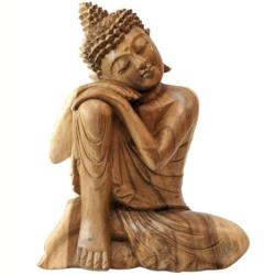 Statue de Bouddha assis 40cm - Bois massif brut sculpté main.
