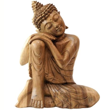 Statue de Bouddha assis 40cm - Bois massif brut sculpté main.