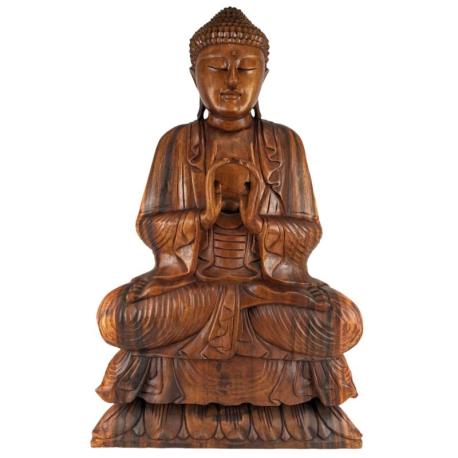 Grande Statue de Bouddha assis 80cm | Bois Sculpté à la Main