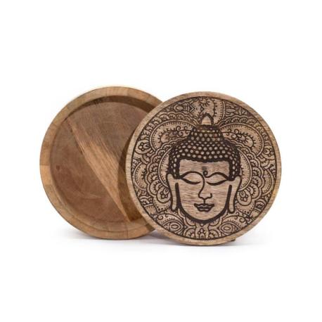 Boîte à bijoux ronde en bois motif Bouddha & Mandala ∅17,5cm
